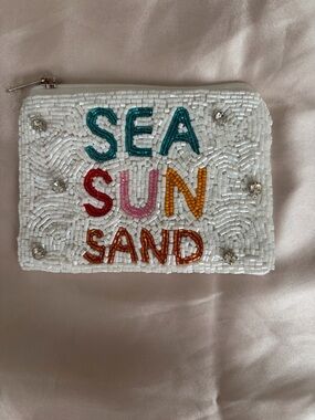 Beaded SEA SUN SAND White Zip Cosmetic Pouch